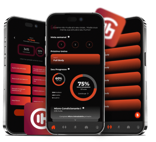 Celulares com o aplicativo da Gymnamic aberto nas telas de menu, treino e progressos.')