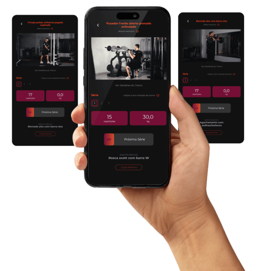 Celulares com o aplicativo da Gymnamic aberto em uma tela de treino.